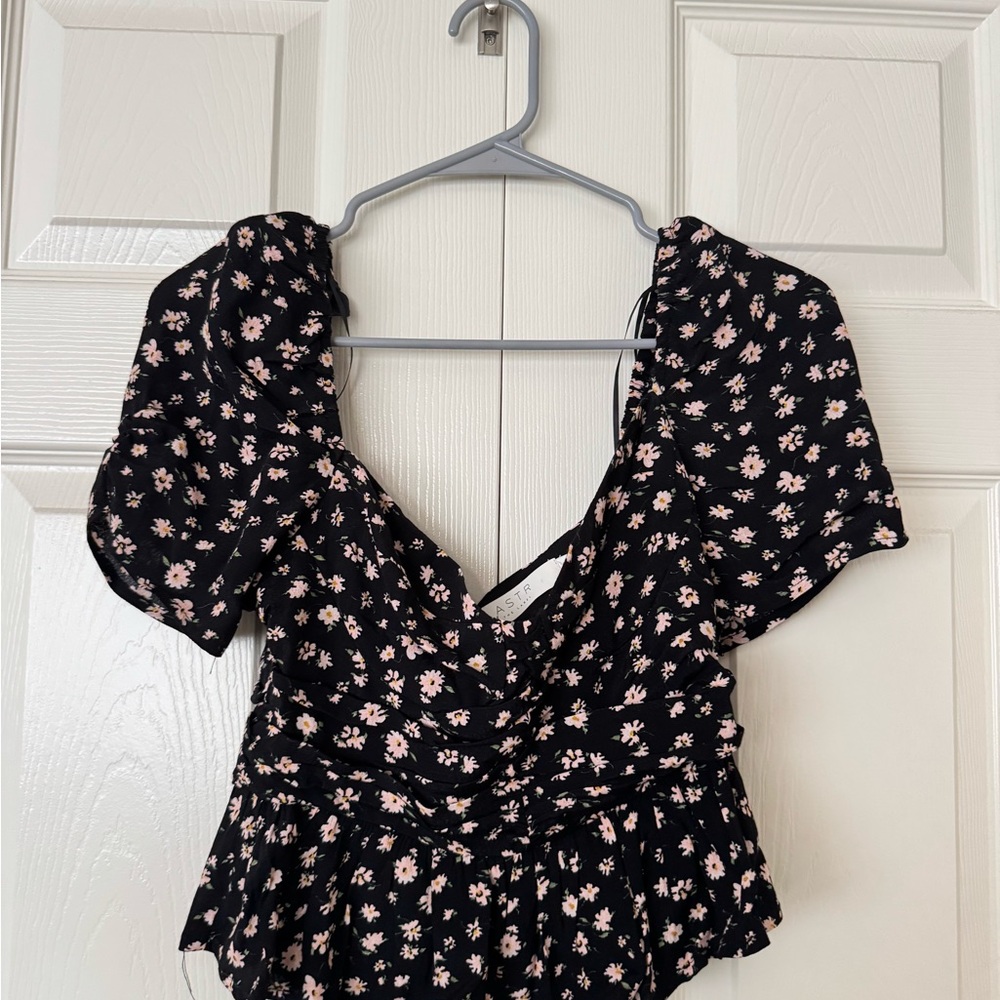 Astr Black Floral Women's Blouse